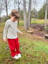 Boy on a lawn, Cream, Charcoal, Stripe, Stripped, Stripes, Long, Sleeves, Sleeved, Sleeve, Buttons, Button, Warm, Smart, Casual, Red, pants, White, Snickers, Henry