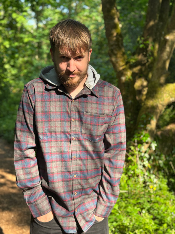 Mens Erin Hooded Shirt brown/grey/blue plaid