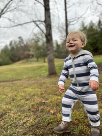 Blue/White Stripe STEFANO Knitted hooded romper