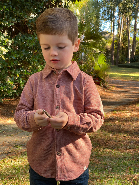 rust, jersey, shirt, long, sleeved, sleeves, little, boy, holing, a, stick, blue, jeans, autumn, henry, 