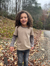 Curly, hair, boy in, Beige, Tan, Mock, sleeved, sleeves, sleeve, Tee, warm, casual, Charcoal, Jeans.