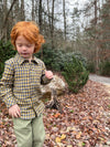 Red Hair, Boy Tan Pants, Mustard, Blue Plaid, Shirt, Matching, Daddy, Dad, Warm, long, sleeves, sleeved, sleeve, smart, casual, Henry.