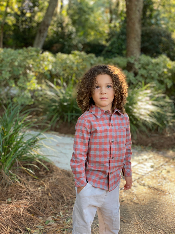 Curly Hair Boy Grey/Rust Plaid Shirt, Atwood Woven Shirt Smart, Casual, Fits Dad/Daddy White Pants, Henry.