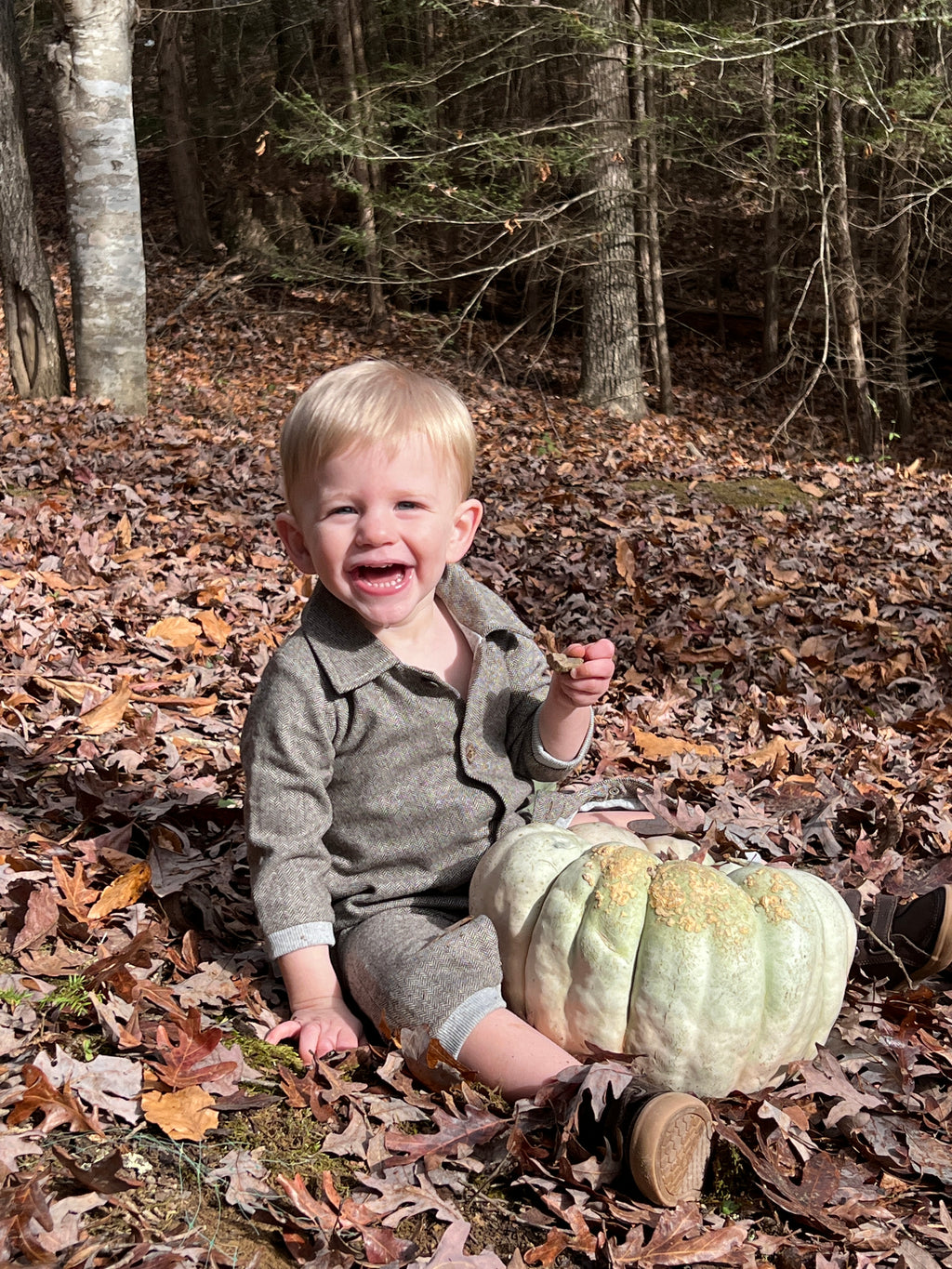 little boy, wearing brown tweed lumberjacket romper, sitting in the autumn leaves, in the woodland, with a pumpkin