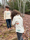 Two boys on steeps in, Atwood, woven, shirt, Print, cars, charcoal, jeans, cream, tee, blue, jeans, long, sleeved, sleeves, smart, casual, Henry, Dad, Daddy.