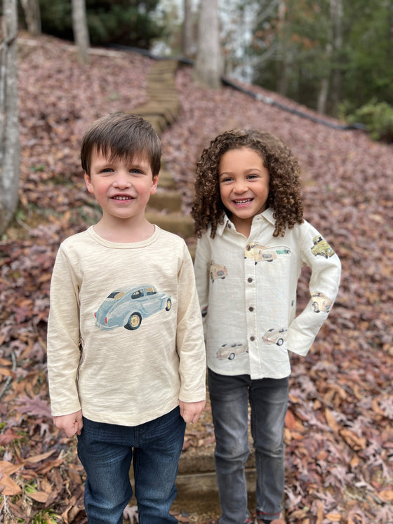 Two boys on steeps in, Atwood, woven, shirt, Print, cars, charcoal, jeans, cream, tee, blue, jeans, long, sleeved, sleeves, smart, casual, Henry, Dad, Daddy.