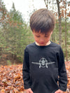 Boy looking at the ground in, Black, Raglan, Print, Tee, Spitfire, warm, casual, long, Sleeves, Sleeved, Sleeve, Henry.