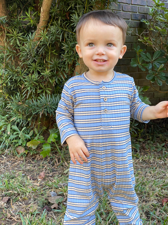 Blue with tan stripe  rib romper