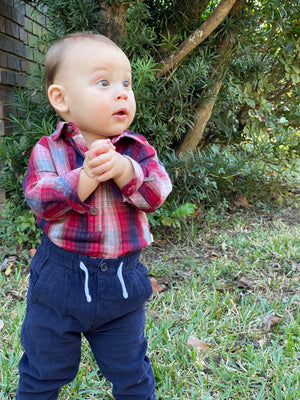 Red/navy plaid woven onesie