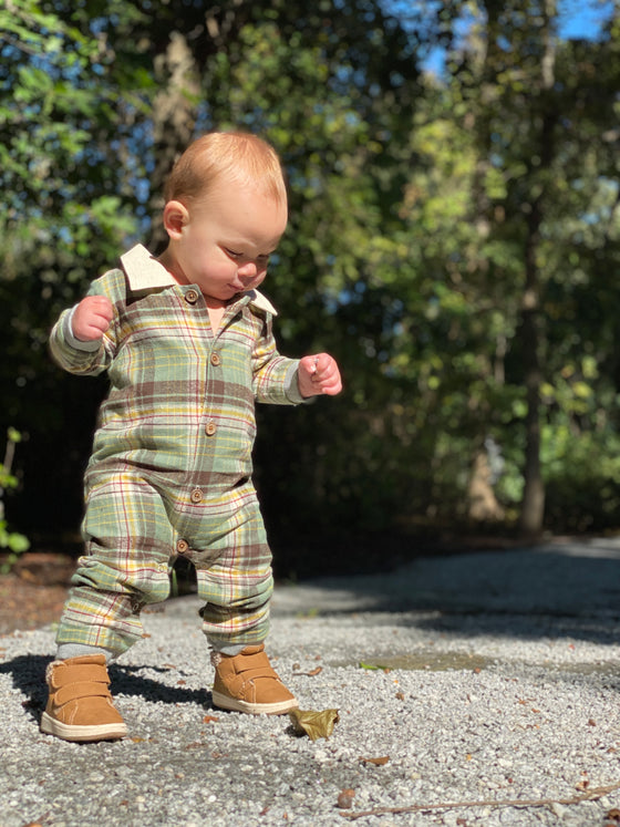 Green/black plaid romper