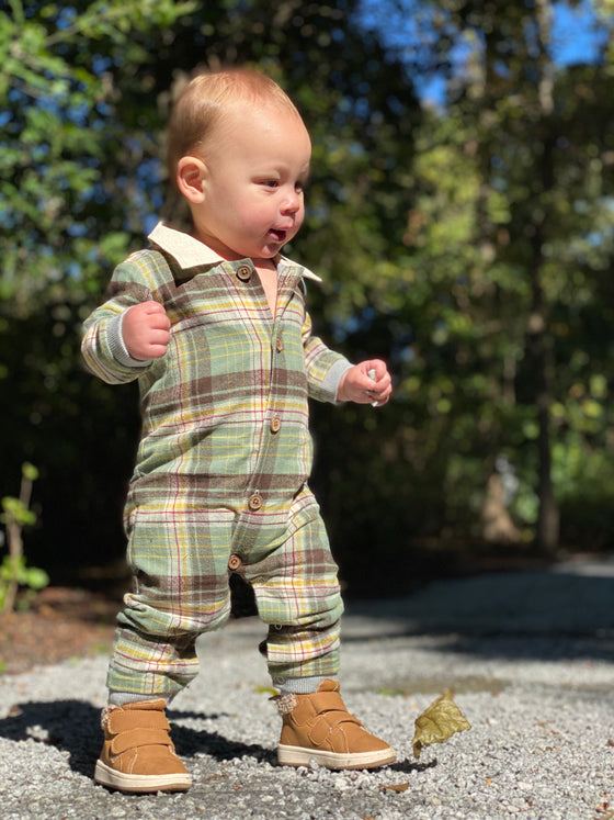 Green/black plaid romper