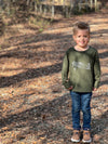 Small, Boy, Standing, on Drive, Green, Tee, Spitfire, print, long, sleeves, sleeved, sleeve, casual, Raglan, Blue, jeans, Henry.