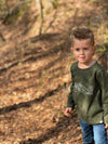 Small, Boy, Standing, on Drive, Green, Tee, Spitfire, print, long, sleeves, sleeved, sleeve, casual, Raglan, Blue, jeans, Henry.