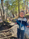 Boy in woods, in, Navy/Grey, Sherpa Navy, Pants, Cosy, Warm, zip, Layer, Layering, Henry