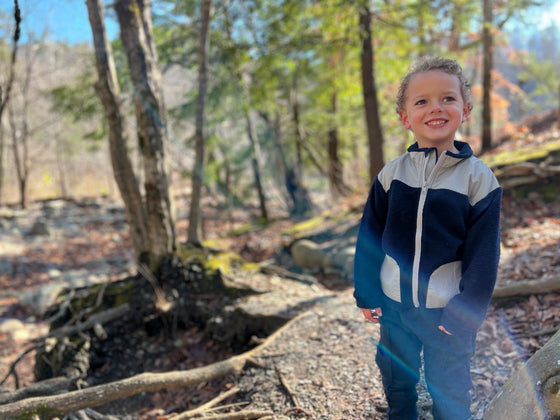 Boy in Woods in, Navy/Grey, Sherpa Navy, Pants, Cosy, Warm, casual, zip, layer, layering, Henry.