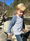 Blond, Boy on rocks next to a stream ,in ,a, Smart, Grey, Lugoff, Raglan, Tee, long, sleeves, sleeved, sleeve, warm,  Casual, Blue Jeans, Henry, buttons, button.