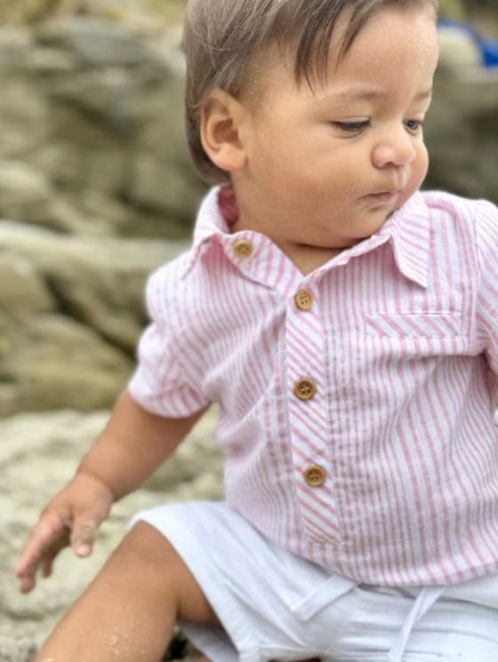PINK/WHITE STRIPE  HELFORD WOVEN ONESIE