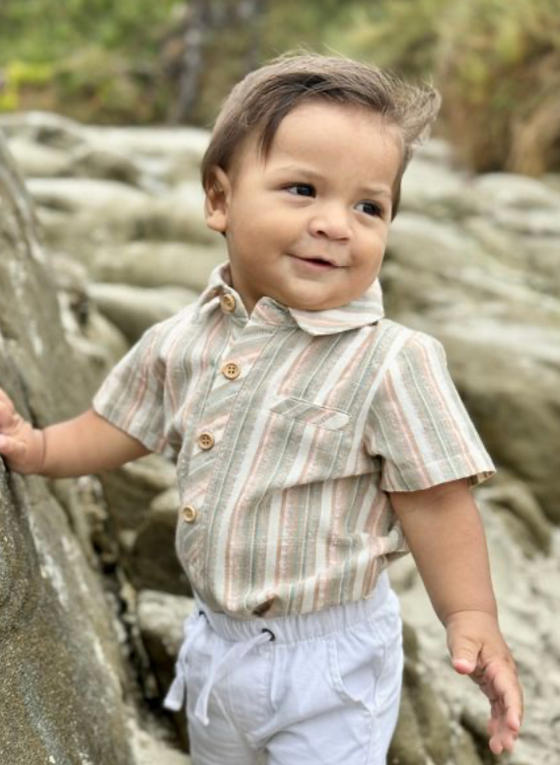 PEACH/MULTI STRIPE HELFORD WOVEN ONESIE