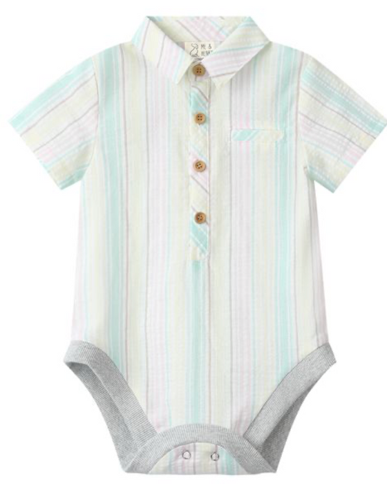 GREEN PASTEL MULTI STRIPE HELFORD WOVEN ONESIE