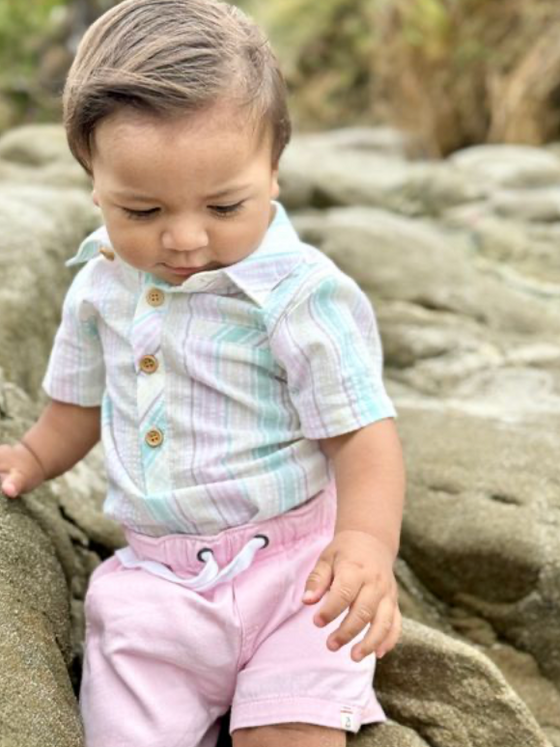 GREEN PASTEL MULTI STRIPE HELFORD WOVEN ONESIE