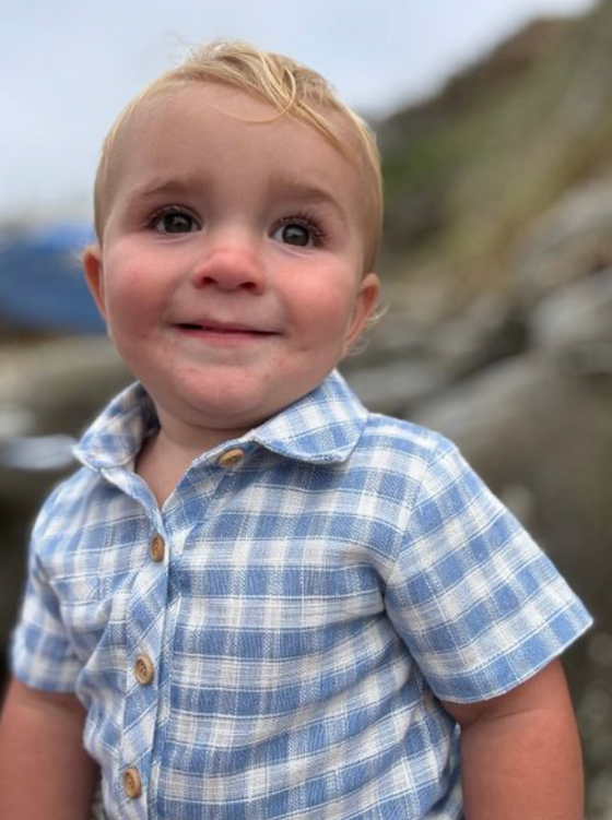 BLUE/WHITE PLAID HELFORD WOVEN ONESIE