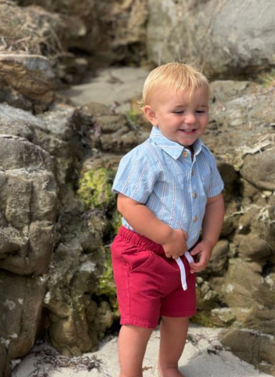 CHAMBRAY/RED STRIPE  HELFORD WOVEN ONESIE