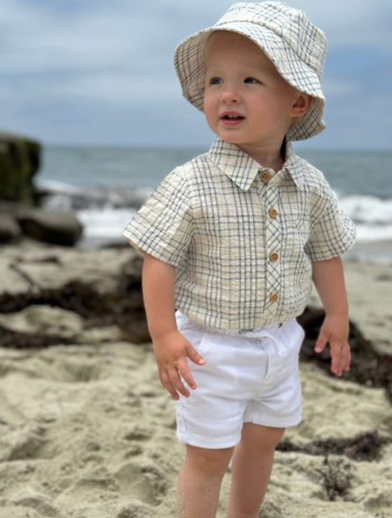 CHAMBRAY/CREAM PLAID HELFORD WOVEN ONESIE