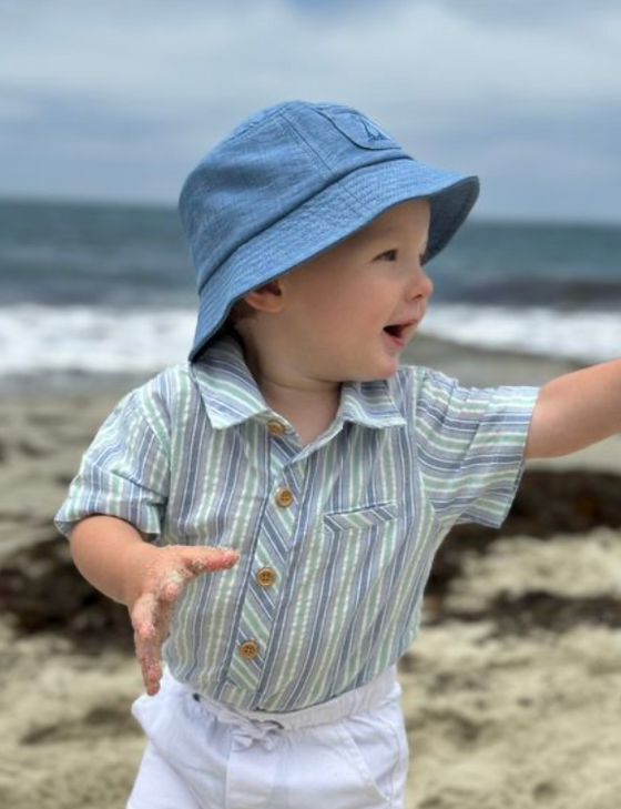 CHAMBRAY/MINT STRIPE HELFORD WOVEN ONESIE