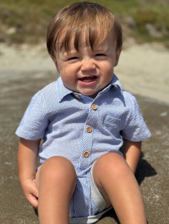 NAVY SEERSUCKER HELFORD WOVEN ONESIE