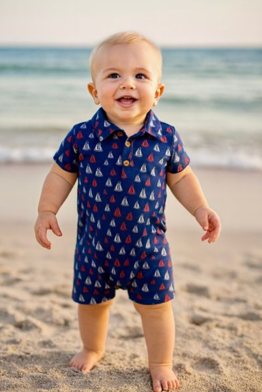 MOLOKAI RED/WHITE/BLUE SAILBOATS PRINTED WOVEN ROMPER