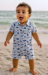 MOLOKAI BLUE WHALE PRINTED WOVEN ROMPER