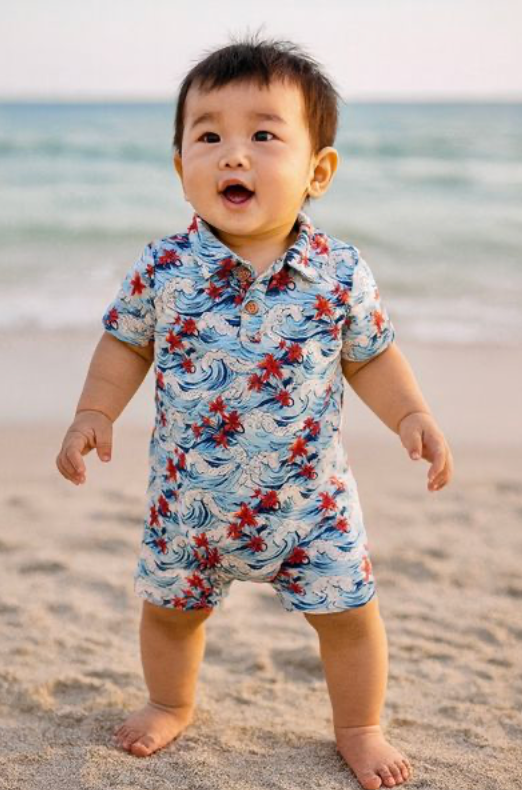 MOLOKAI HAWAIIAN WAVES PRINTED WOVEN ROMPER