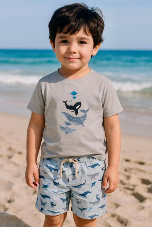 MAHALO BLUE WHALE PRINTED WOVEN SHORTS