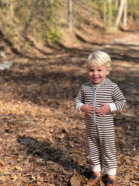 Tan/Cream Pique Stripe BLAINE Hooded Romper