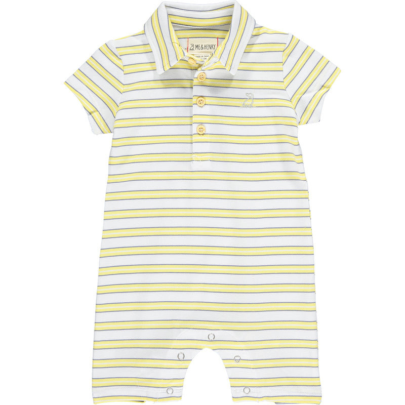 Yellow/white/grey stripe pique polo romper