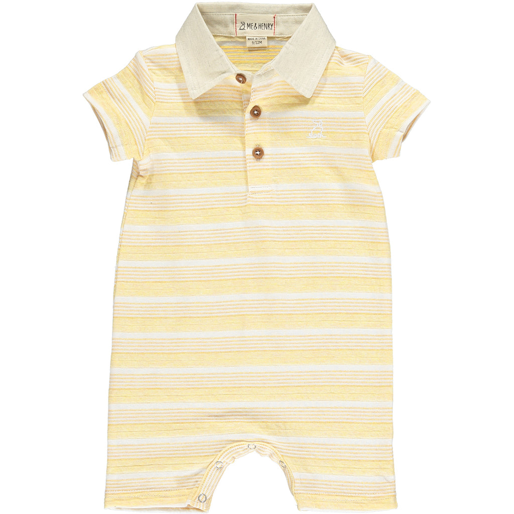 Yellow textured stripe polo romper