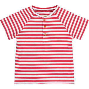 Red/white stripe short sleeved henley tee