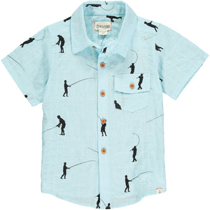 Blue w/charcoal fisherman print short sleeved shirt