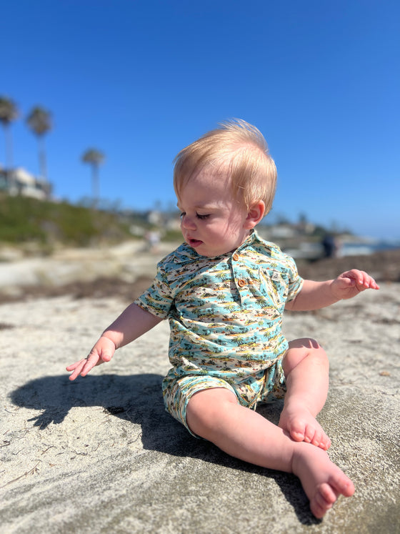 blue, islands, printed, romper, button, buttons, collar, short, sleeve, sleeves, pocket, spring, summer, comfy, cool, henry.