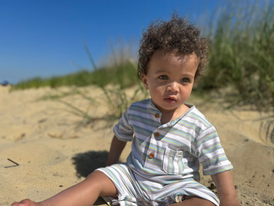 blue, grey, yellow, multi, striped, ribbed, Henley, button, buttons, pocket, little, boy, playing, in, the, sand, spring, summer, henry.