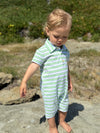 lime, blue, white, stripe, stripes, polo, striped, romper, button, buttons, collar, little, boy, at, the, beach, spring, summer, henry.