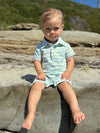 lime, blue, white, stripe, stripes, polo, striped, romper, button, buttons, collar, little, boy, at, the, beach, spring, summer, henry.