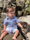 Child in a navy seersucker woven onesie , White shorts sitting on rocks by the beach