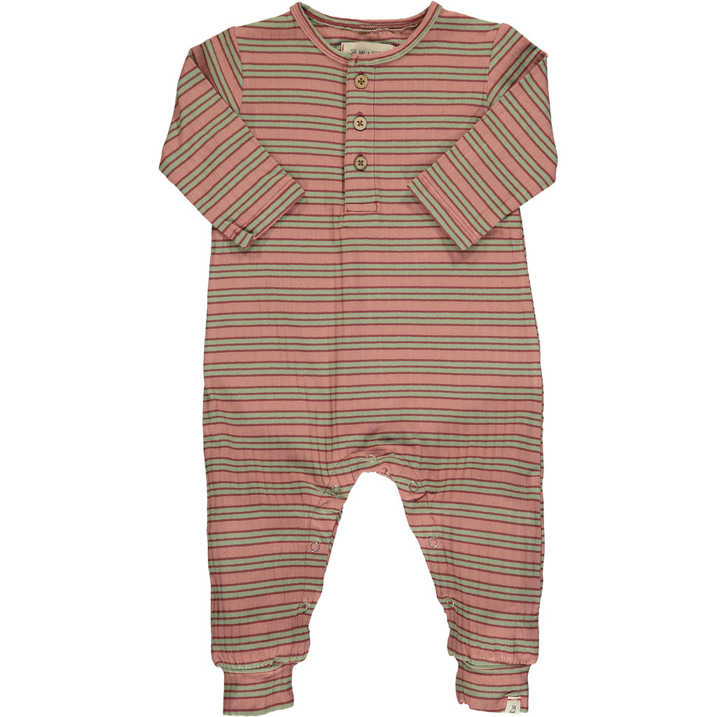 dusty pink stripe romper, baby, horizontal stripes, long sleeved, cuffed ankles, 3 buttons down, round neckline