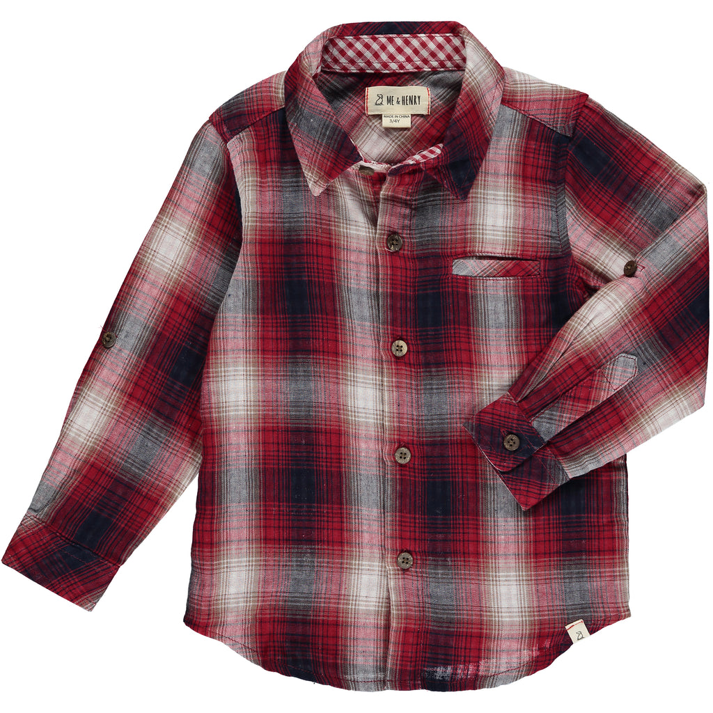 Red/navy plaid woven shirt