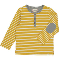 mustard/ white stripe henley tee, horizontal stripes, long sleeves, black/white stripe elbow patch, black/white striped placket with 3 buttons