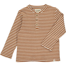  beige ribbed multi stripe tee, horizontal stripes, long sleeved, 3 buttons