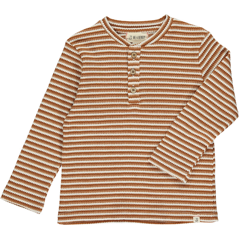 beige ribbed multi stripe tee, horizontal stripes, long sleeved, 3 buttons