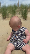 navy, cream, plaid, playsuit, button,  buttons, little, baby, sitting, playing, in, the, sand, spring, summer, henry, 