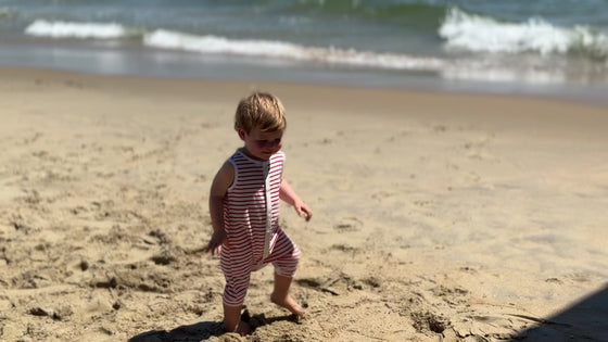 little; boy, on, pier, red, white, ribbed, playsuit, spring, summer, cool, look, henry.